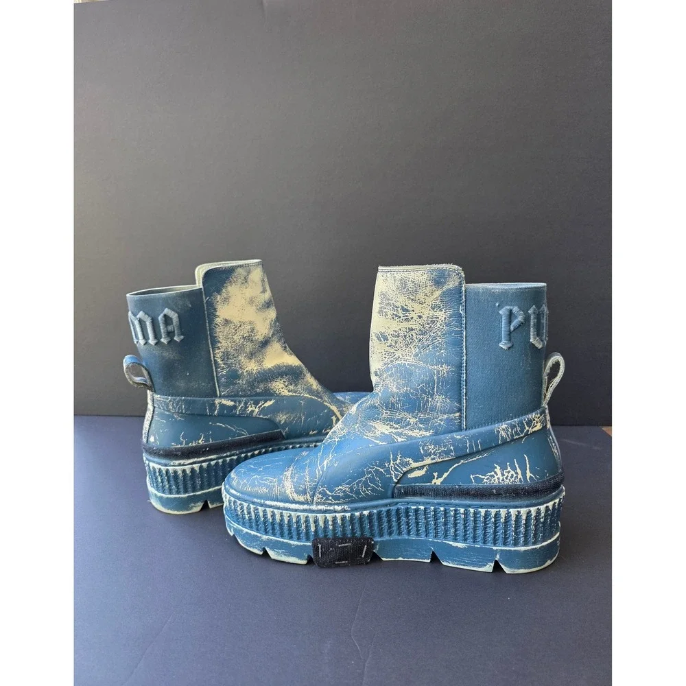 Fenty x Puma Rihanna Chelsea Leather Boots Chunky Customized Distressed Blue 9.5